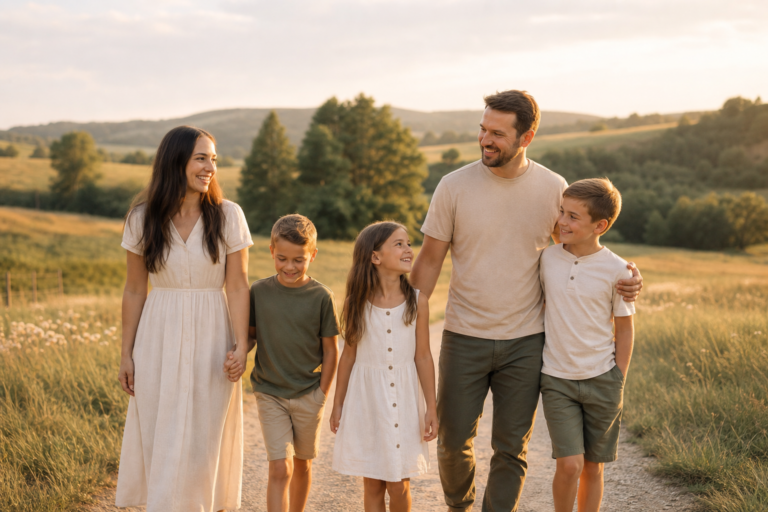 A young American family — mother, father, and three children — walking together on a quiet sunlit path.