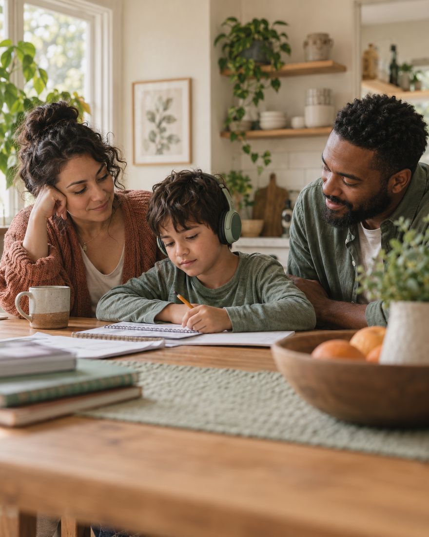 Two parents sitting with their son at the kitchen table while he writes in a notebook.